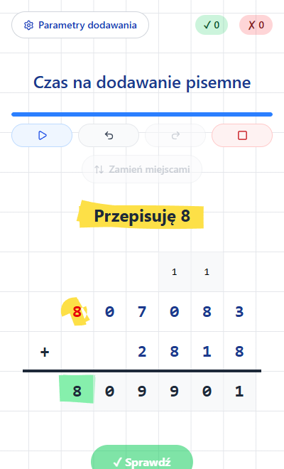 Dodawanie pisemne 4875 + 3687 z przeniesieniami