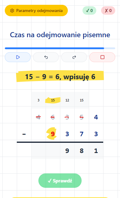 Odejmowanie pisemne 5003 − 1789 z pożyczkami